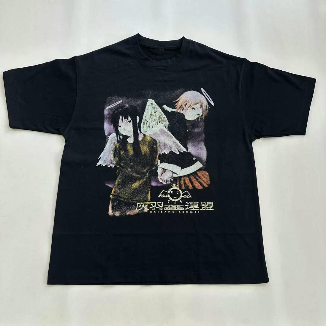 Black Haibane Renmei T-shirt laid flat showing printed artwork of two winged characters and Japanese text.