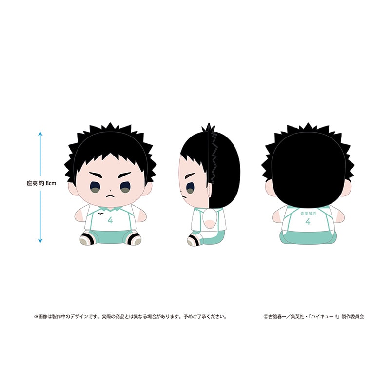 Three-view illustration of the Haikyuu!! mocchibi plush of Iwaizumi showing front, side, and back with an approximate 8 cm height marker.