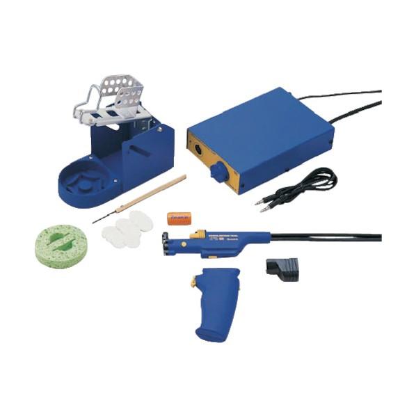 Blue solder desoldering kit (FM2024-22) showing a control box, desoldering gun, handle, sponge, and accessories on a white background.