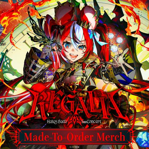 Close-up of the B2 tapestry artwork showing Hakos Baelz in a colorful red, white, and blue outfit with the word “REGALIA” and a “Made-To-Order Merch” banner.
