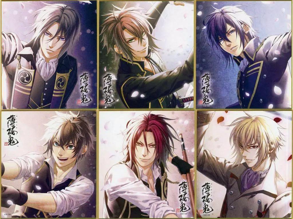 Set of six mini shikishi picture boards showing illustrated male characters from Hakuoki arranged in a 2x3 grid.