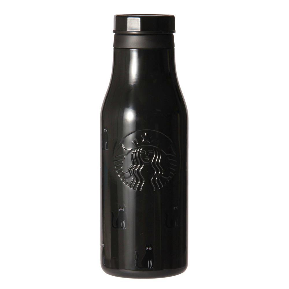 Black stainless steel tumbler bottle with an embossed logo and small cat silhouettes on a white background.
