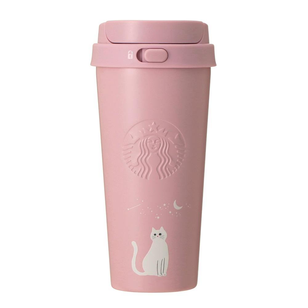 Pink stainless-steel TOGO tumbler with an embossed Starbucks logo, white cat illustration, and a flip lid.