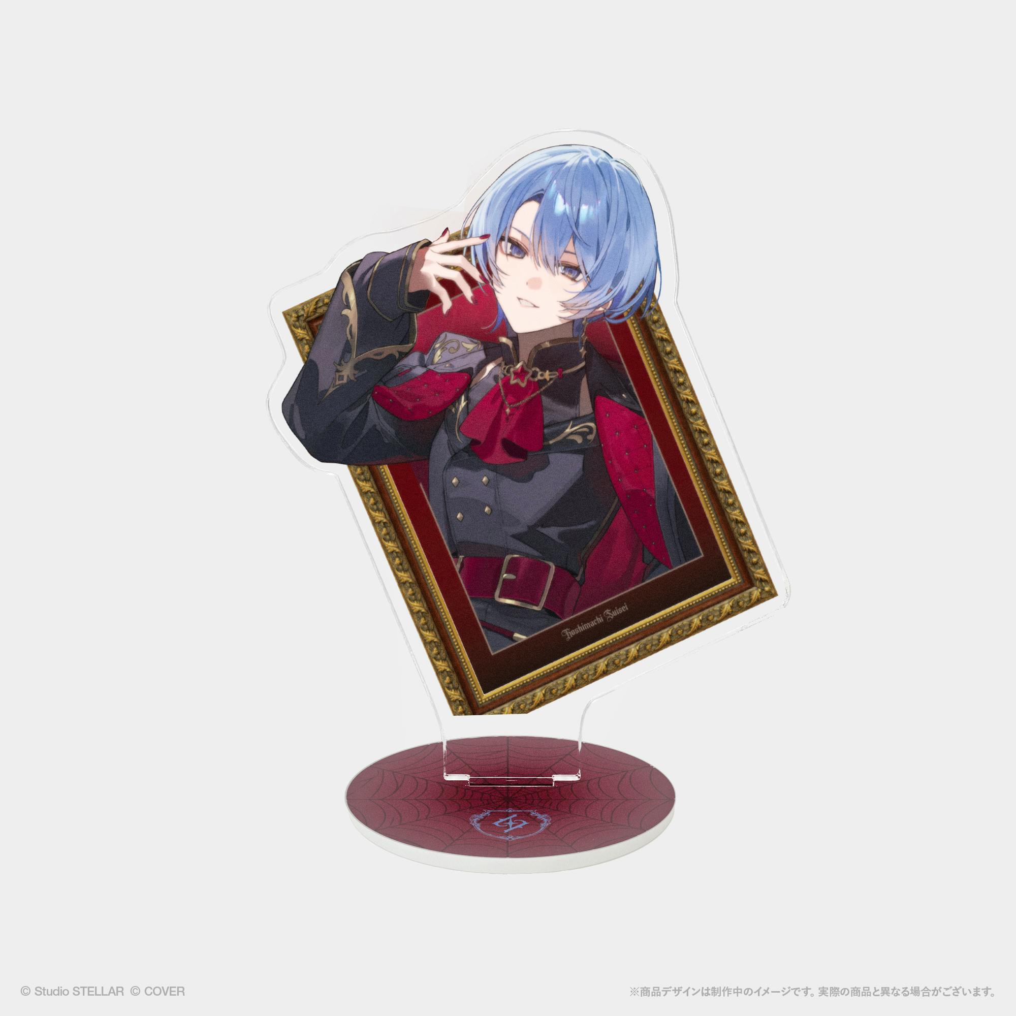 An acrylic stand showing a blue‑haired illustrated character in a decorative picture frame mounted on a round red printed base.