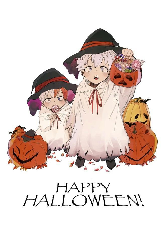 Postcard illustration of two brothers in ghost costumes with witch hats, jack-o'-lanterns, and the words "HAPPY HALLOWEEN!".