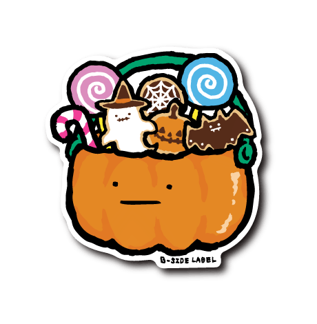 Paper sticker depicting a pumpkin Halloween candy bucket filled with candies and a neutral face.