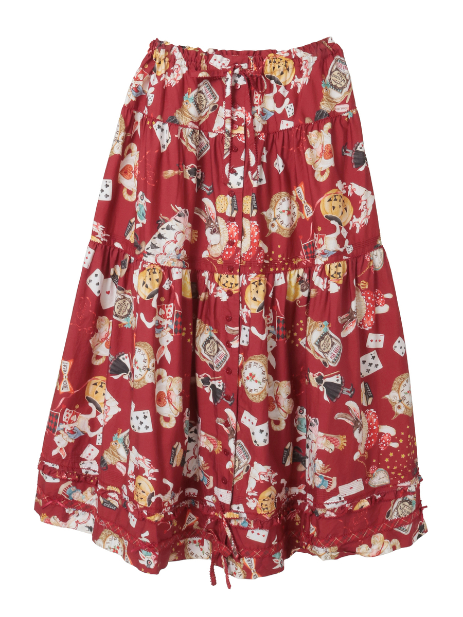 Red women’s skirt with Halloween-themed wonderland print, tiered silhouette, and drawstring waist.