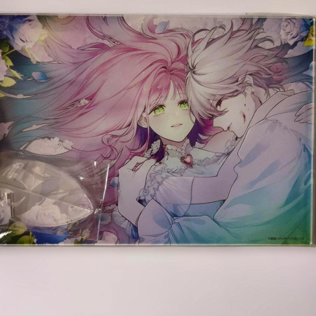 Front of the acrylic print panel showing two illustrated characters, one with pink hair and one with silver hair, embracing against a floral background.