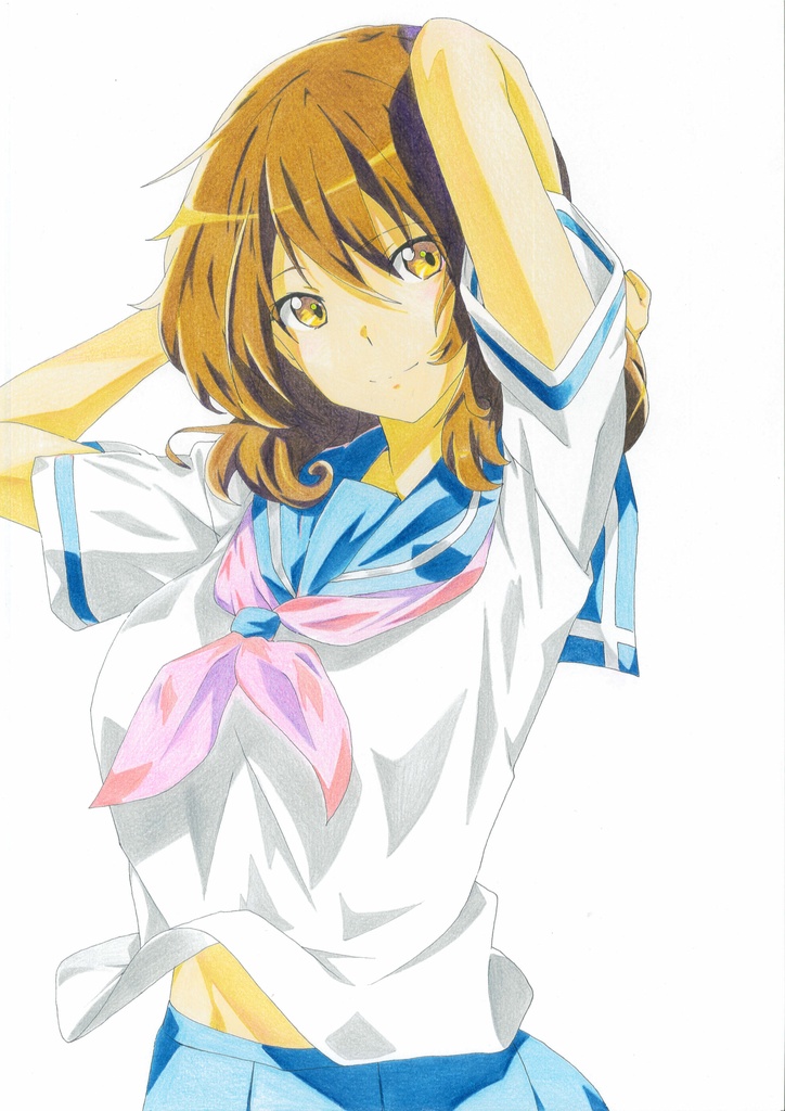 Hand-drawn illustration of Kumiko wearing a summer sailor school uniform with a pink neckerchief and her arms raised.
