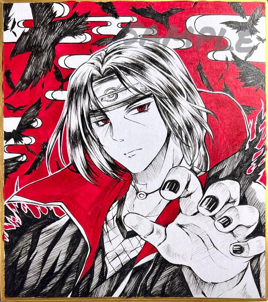 Hand-drawn shikishi illustration of Uchiha Itachi reaching forward with a red background and crows.