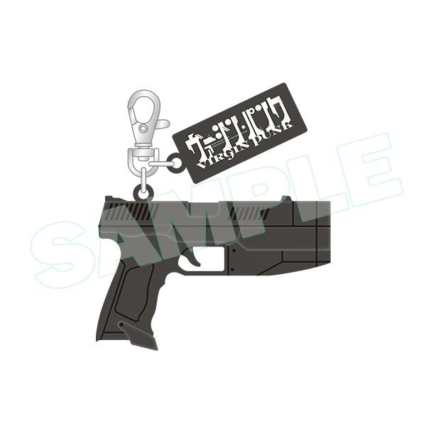 Rendered front view of a handgun-shaped metal bag charm with a lobster clasp and rectangular tag.