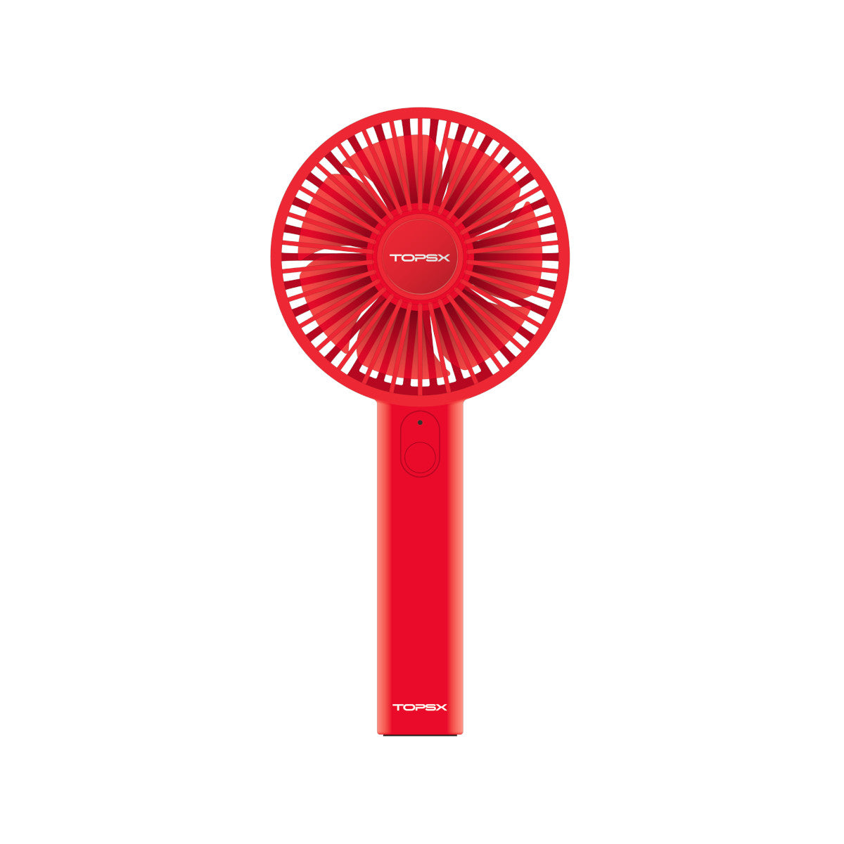 A red handy fan showing the circular blade guard and rectangular handle on a white background.