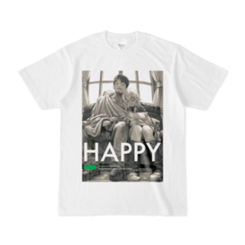 White polyester men's T-shirt with a framed grayscale illustration and the word "HAPPY" printed on the front.