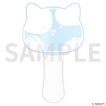 Front-facing illustration of the acrylic plate penlight showing a cat-shaped blue-and-white head attached to a white handle with a 'SAMPLE' watermark.