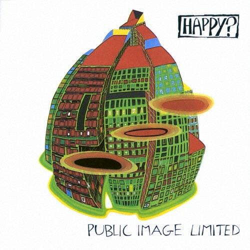 CD cover art for HAPPY? showing colorful abstract building-like shapes with the text "HAPPY?" and "PUBLIC IMAGE LIMITED".