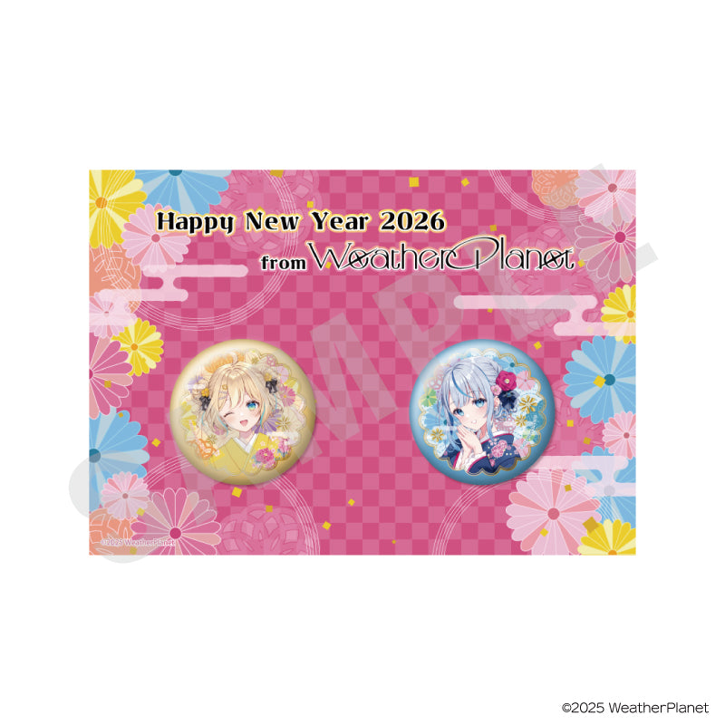Two round can badges featuring illustrated characters are shown on a pink floral "Happy New Year 2026 from WeatherPlanet" backing card.