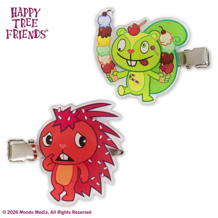Two Happy Tree Friends acrylic hair clips showing a green squirrel and a red porcupine attached to metal clip bases.