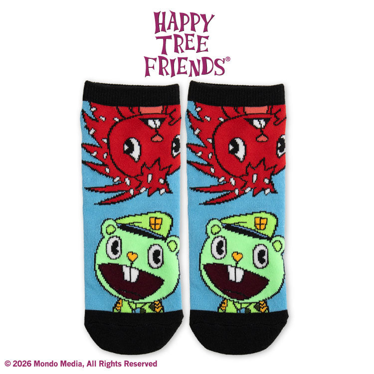 Pair of Happy Tree Friends collaboration ankle socks showing character faces on a blue background with black toes and cuffs.