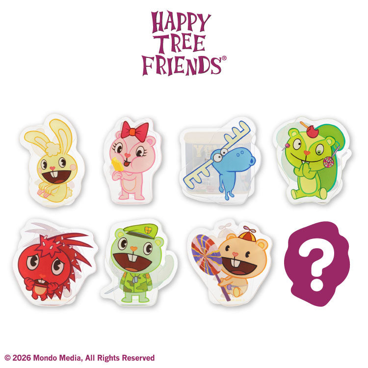 Eight Happy Tree Friends character acrylic clips displayed with a purple question-mark silhouette and the Happy Tree Friends logo.