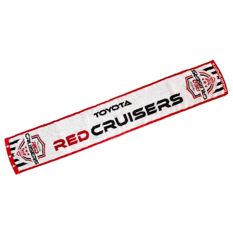 A red-and-white Red Cruisers muffler towel showing the RED CRUISERS text and Toyota branding laid flat.