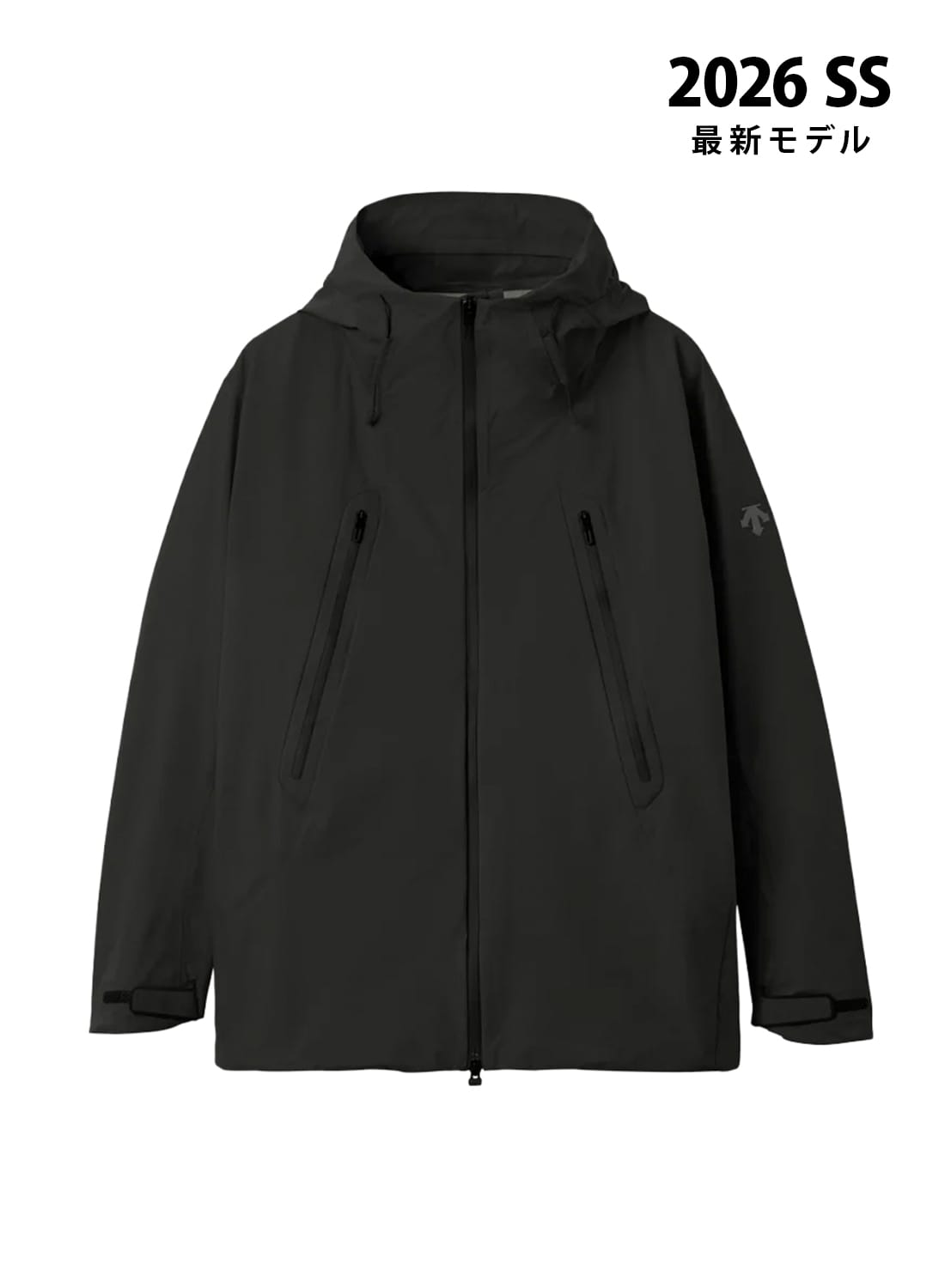 Front view of a black men's hard shell jacket with a hood and diagonal zippered chest pockets on a white background.