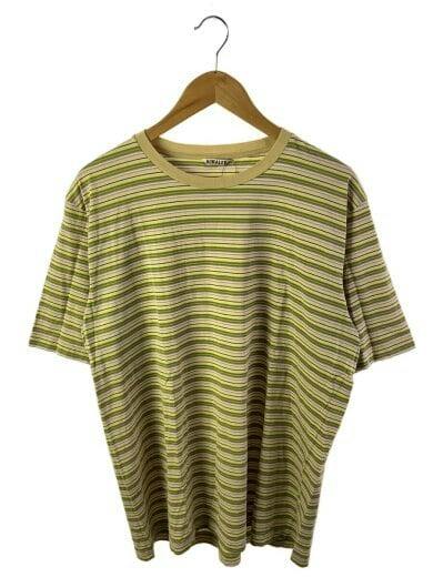 Front view of a beige striped cotton T-shirt hanging on a wooden hanger.
