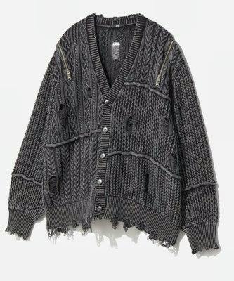 Front view of the oversized distressed knit cardigan (BIGダメージZIPカーディガン) with button closure and visible zipper details on a white background.