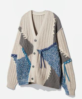 Beige and blue color-block cotton knit cardigan with buttons and contrasting stitch details shown flat on a white background.