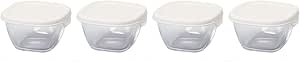Four clear HARIO glass storage containers with white lids arranged in a row.