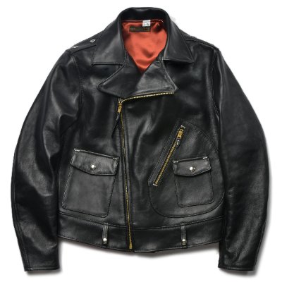 Flat-lay photo of the men's HARLEY-DAVIDSON 'Cycle Champ' black horse leather jacket showing an asymmetrical zipper, flap pockets, and orange lining.