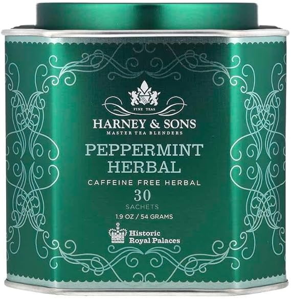 Green metal tin of Harney & Sons Peppermint Herbal tea labeled "Peppermint Herbal, 30 sachets, 1.9 oz / 54 grams."