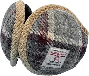 Harris Tweed charcoal grey plaid earmuffs with a Harris Tweed label and tan rope trim.