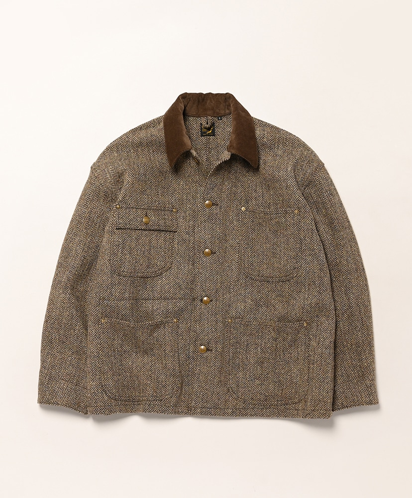 Front view of the Harris Tweed relaxed-fit men's wool coverall jacket laid flat, showing a brown collar, central buttons, and four front pockets.