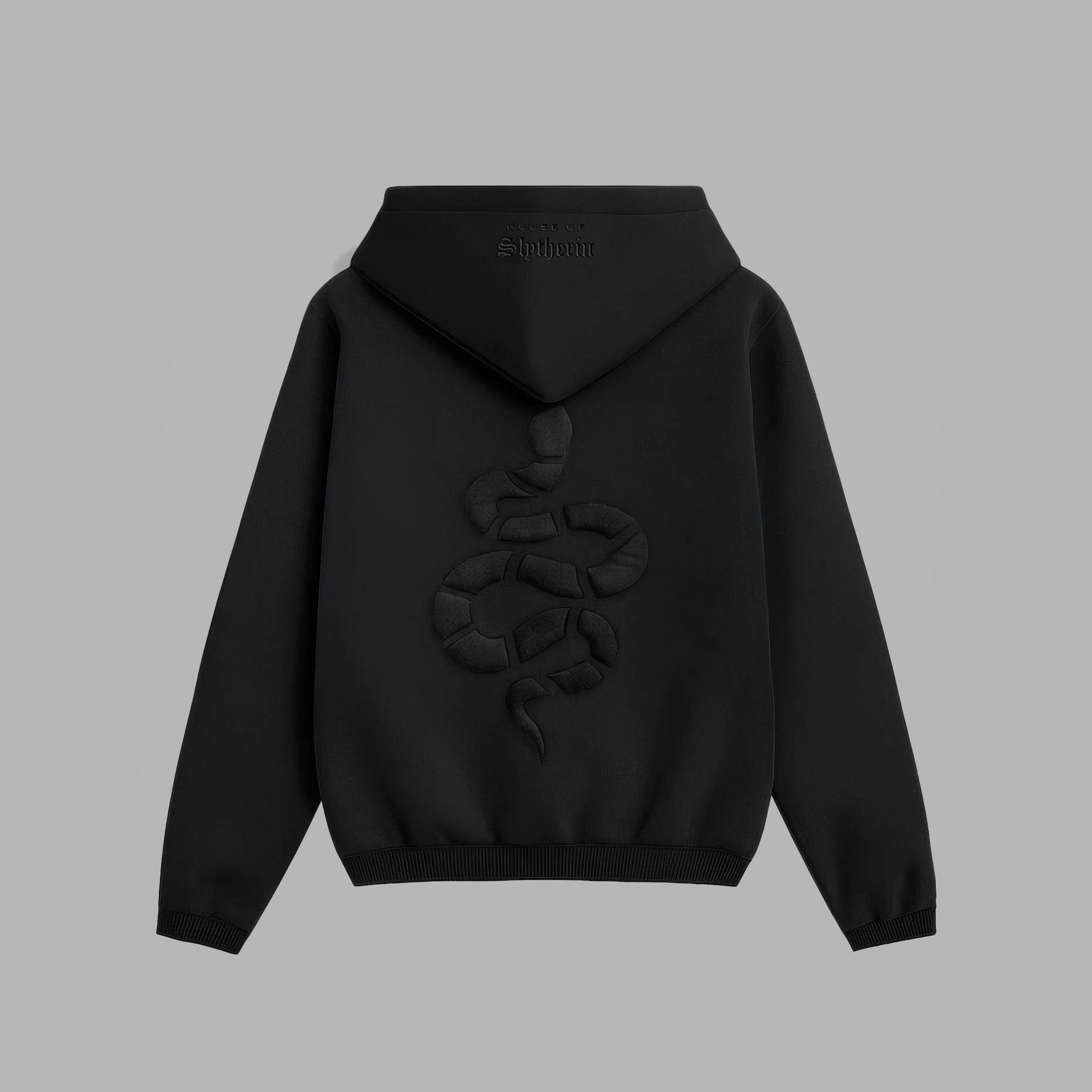 Back view of a black NAGINI hoodie showing the hood and an embossed snake design.