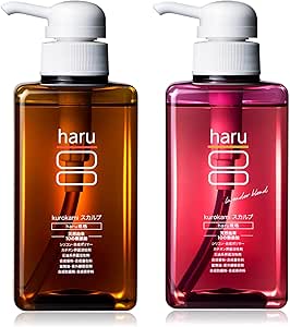 Two 400ml haru kurokami スカルプ shampoo pump bottles shown side by side — the original (brown) and the lavender blend (pink).