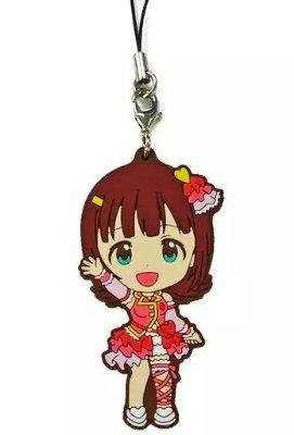 Rubber character strap of Amami Haruka (天海春香) in a red idol outfit attached to a black cord.