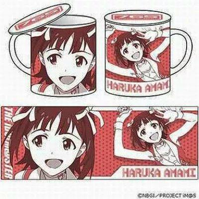 A ceramic mug with a lid showing red-themed character artwork of Haruka Amami from THE IDOLM@STER, shown from the front and as a wraparound print.