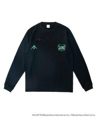 Front view of a black long-sleeve cotton T-shirt with small printed designs on the chest.