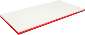 Rectangular polyethylene cutting board with a white top surface and red edges.