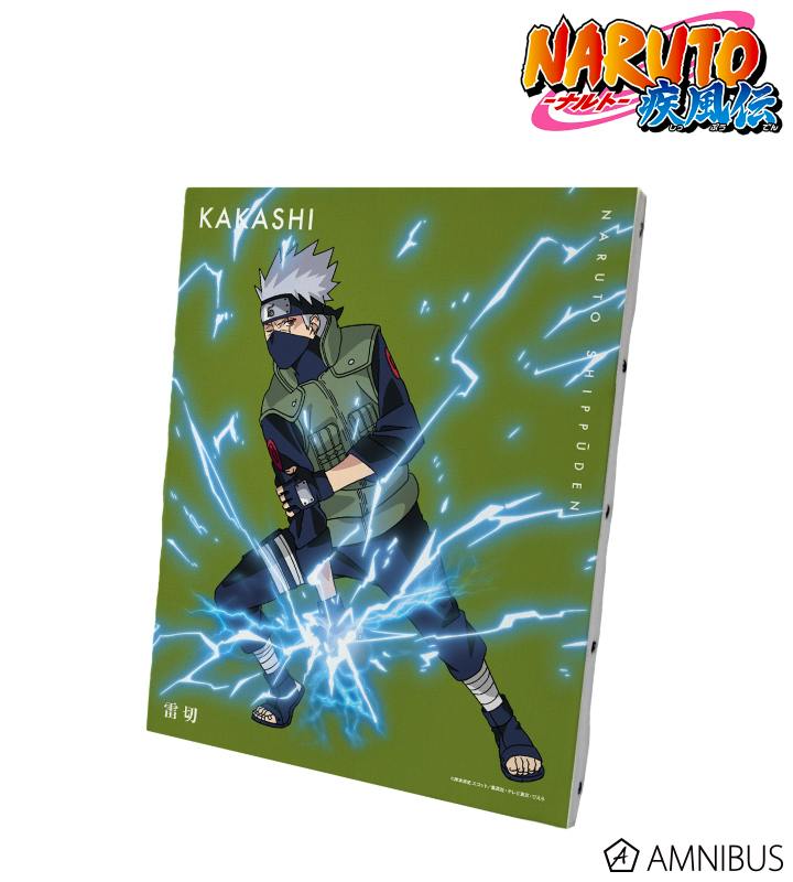 Angled photo of the Kakashi Hatake art canvas board showing Kakashi performing a lightning technique on a green background.