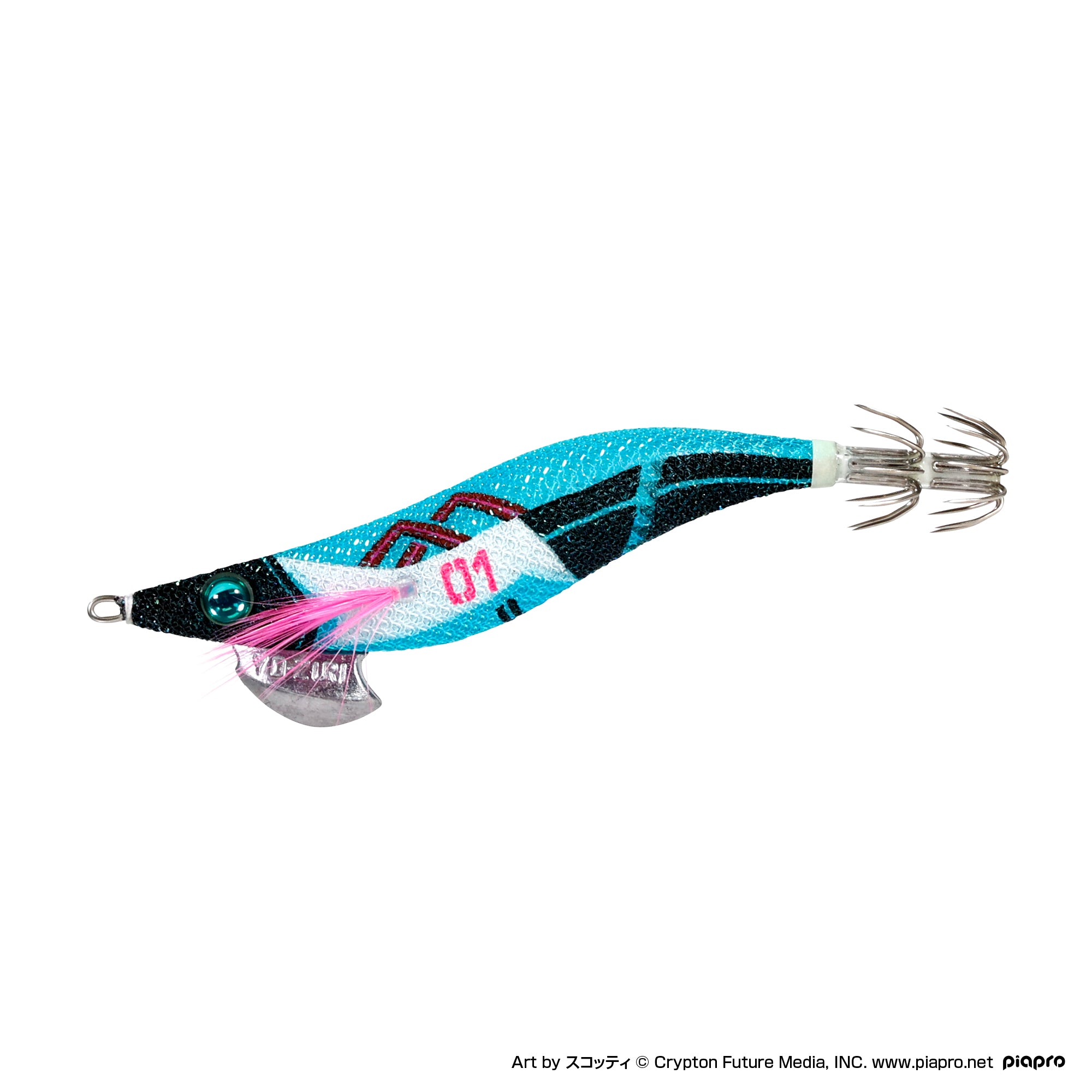 Photo of the Hatsune Miku × DRESS MikuQ size 3 fishing lure in blue and black with a metal multi-prong hook on a white background.