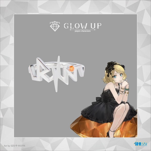 Silver Kagamine Rin motif ring with a small orange stone shown on a gray background next to the GLOW UP logo and a Kagamine Rin illustration.