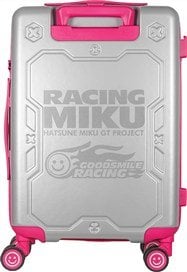 Silver plastic suitcase with pink trim labeled "RACING MIKU" and the Goodsmile Racing logo on the front.