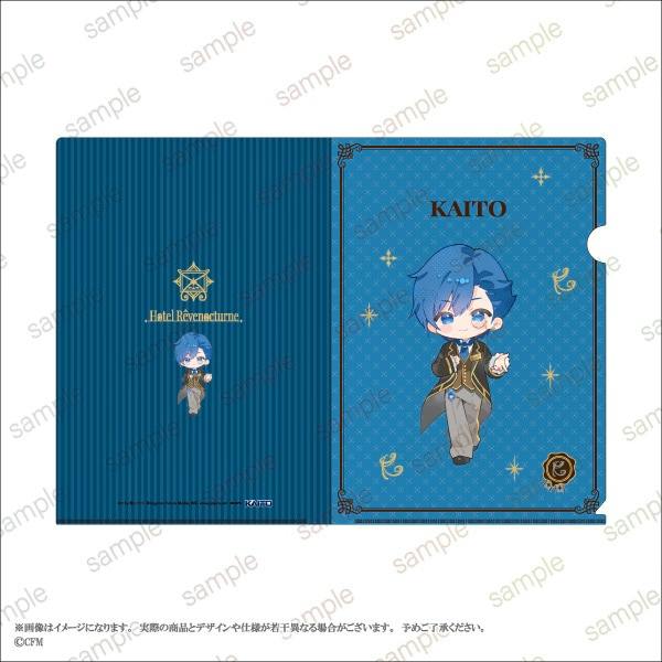 An A4 clear file mockup showing front and back blue designs with chibi KAITO artwork and the text "Hotel Revenocturne."