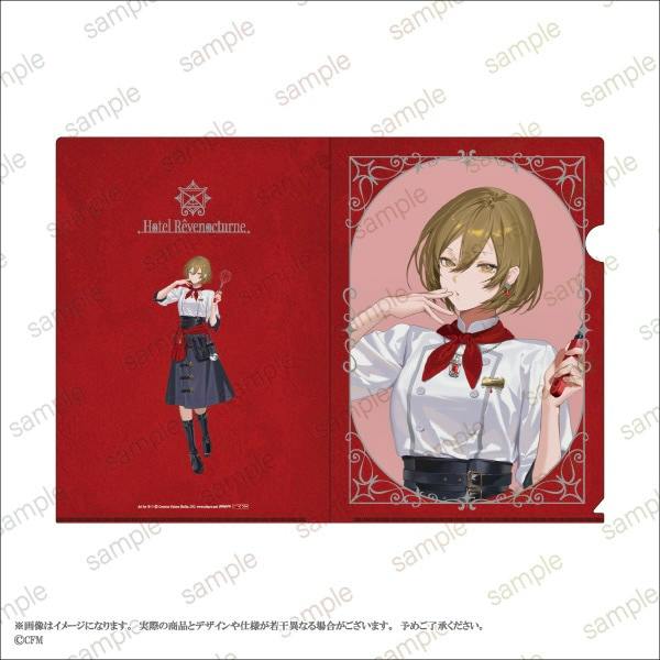 Flat mockup of an A4 clear file showing front and back designs featuring MEIKO from "Hotel Revenocturne" wearing a white blouse, red neckerchief, and navy skirt.