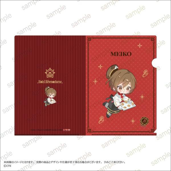 Flat-open mockup of an A4 clear file showing front and back with a chibi MEIKO character and red hotel-themed patterned design.