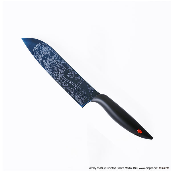Blue titanium chef knife with an illustrated Hatsune Miku design on the blade and a black handle.