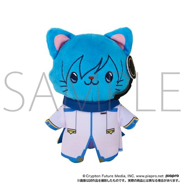 Full view of a blue cat-themed KAITO plush keychain wearing a white and blue coat.