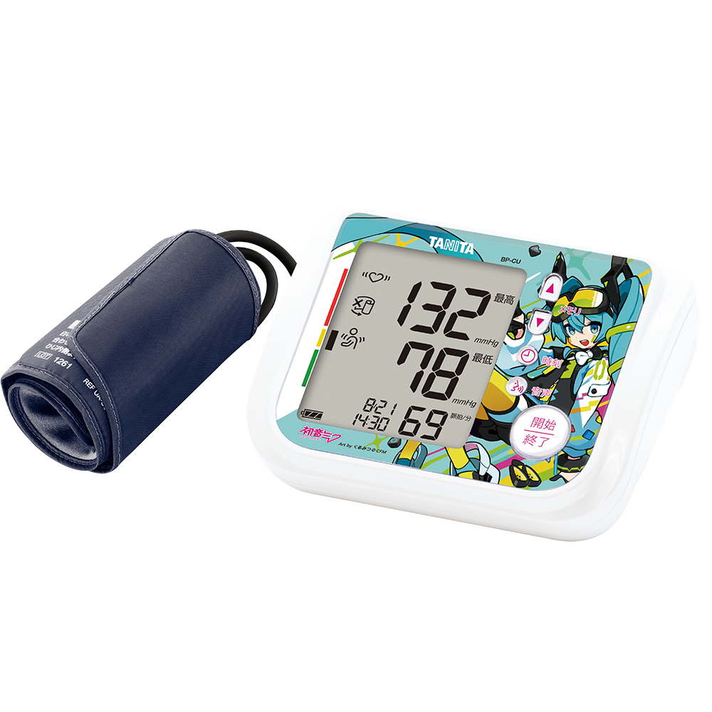 Hatsune Miku–themed upper-arm digital blood pressure monitor (BP-CU) with cuff on a black background, showing its LCD display and character artwork.