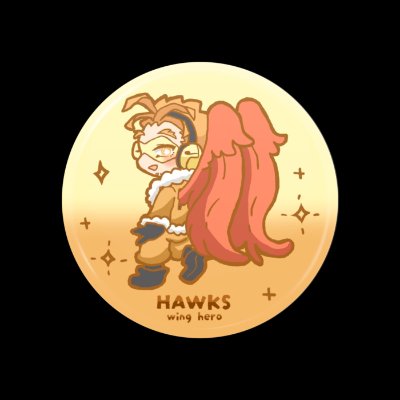 Round compact mirror showing an illustrated Hawks character and the text "HAWKS wing hero" on a gold gradient background.